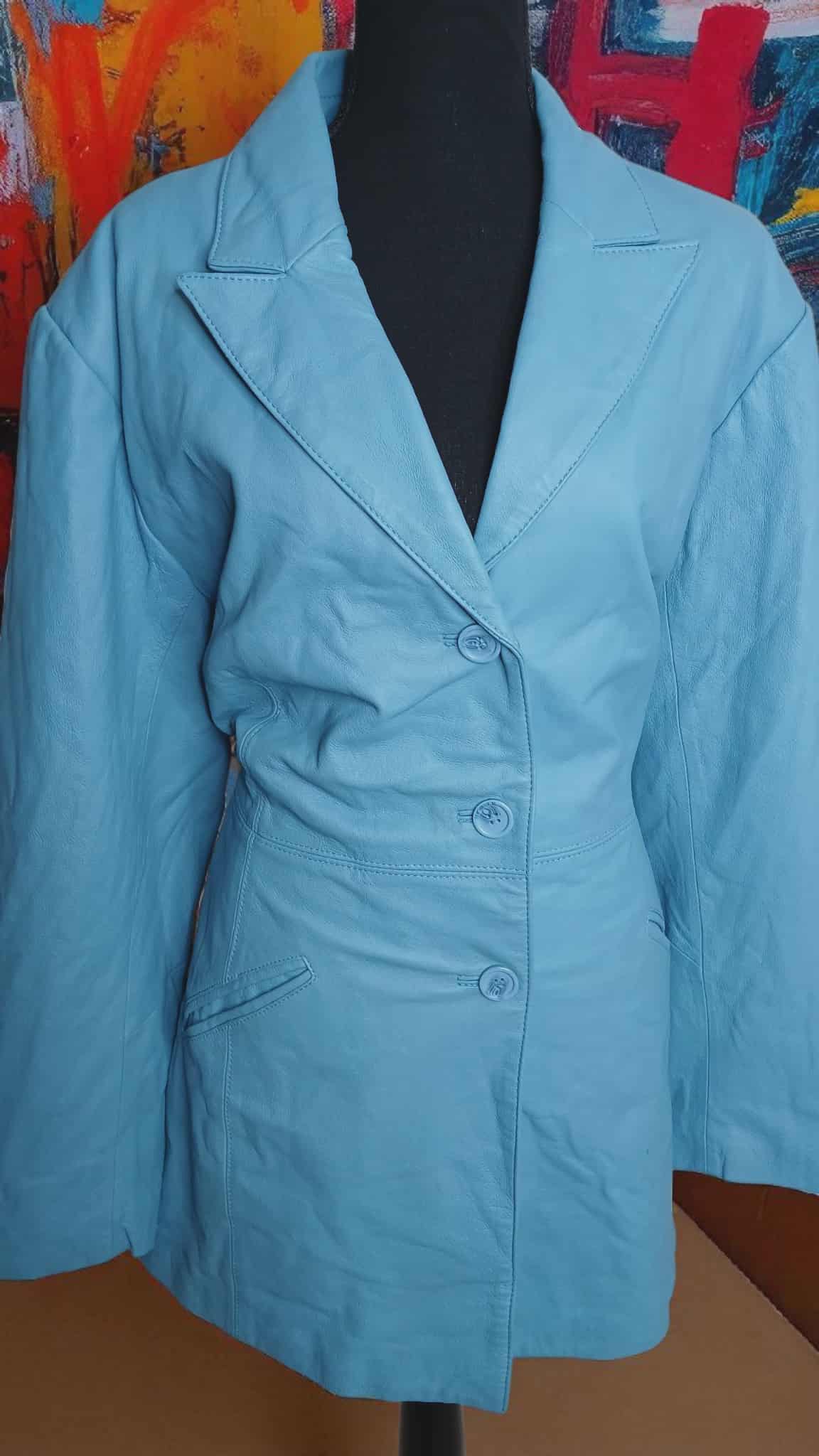 Newport News Stylework Sky Blue 100% Genuine Leather Jacket with Pockets 1X/2X