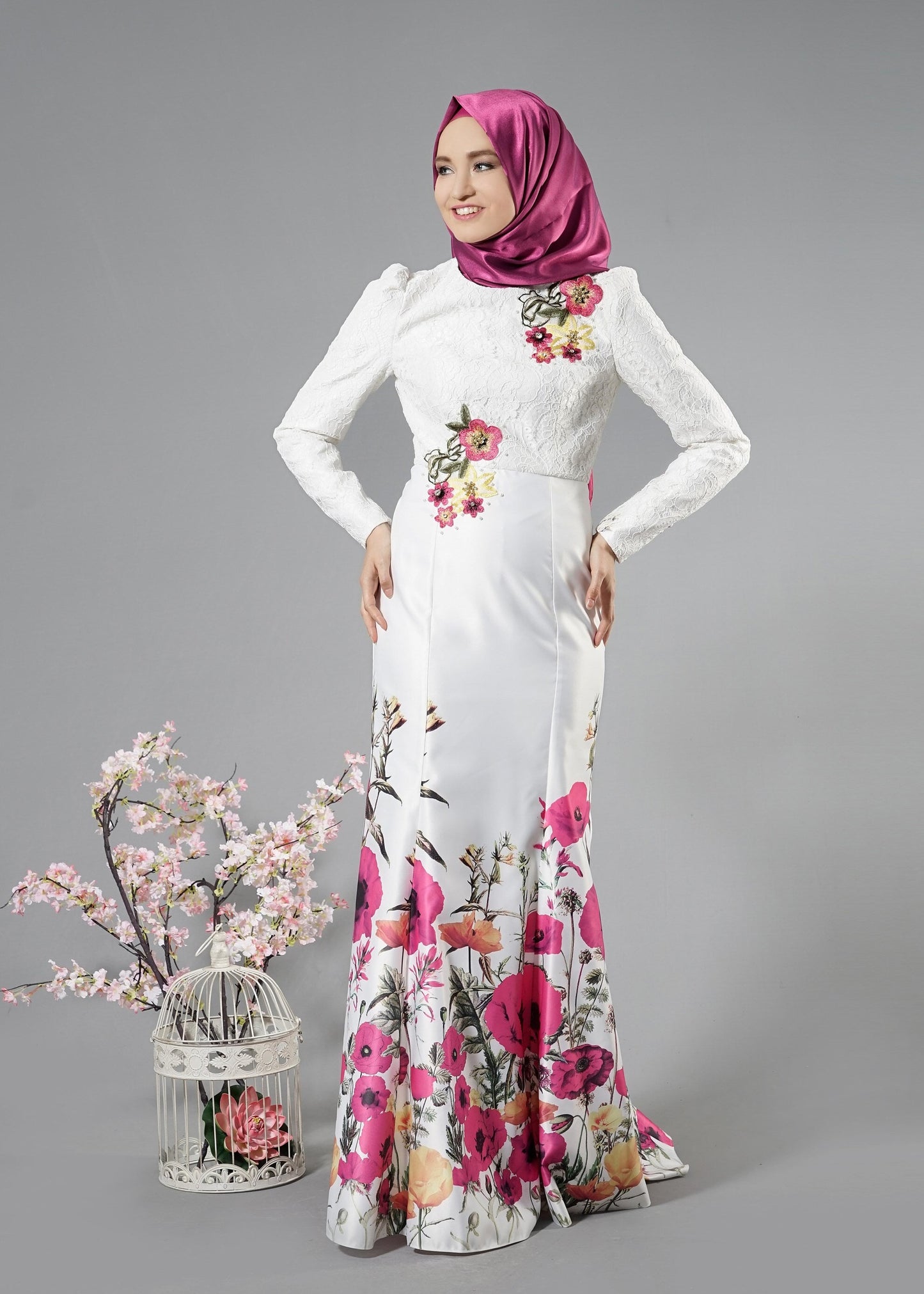 Alvina Fuchsia Floral Pattern Evening Dress Turkish - Lg
