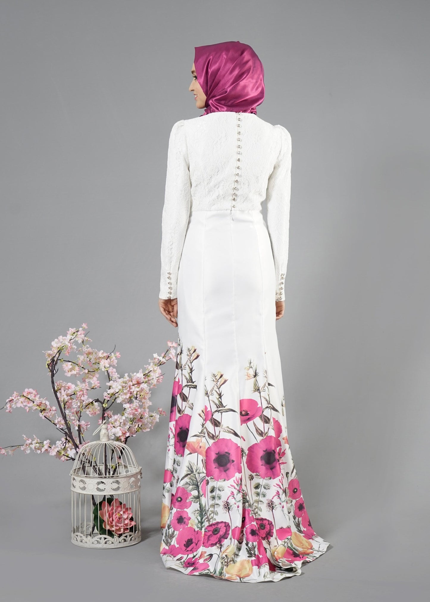Alvina Fuchsia Floral Pattern Evening Dress Turkish - Lg