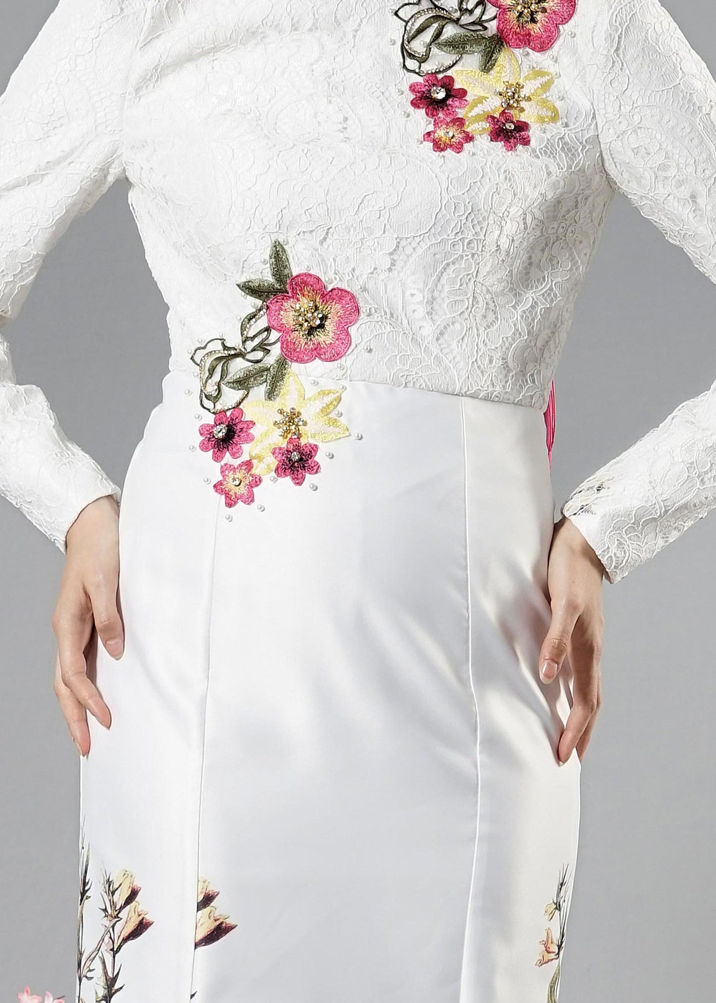 Alvina Fuchsia Floral Pattern Evening Dress Turkish - Lg