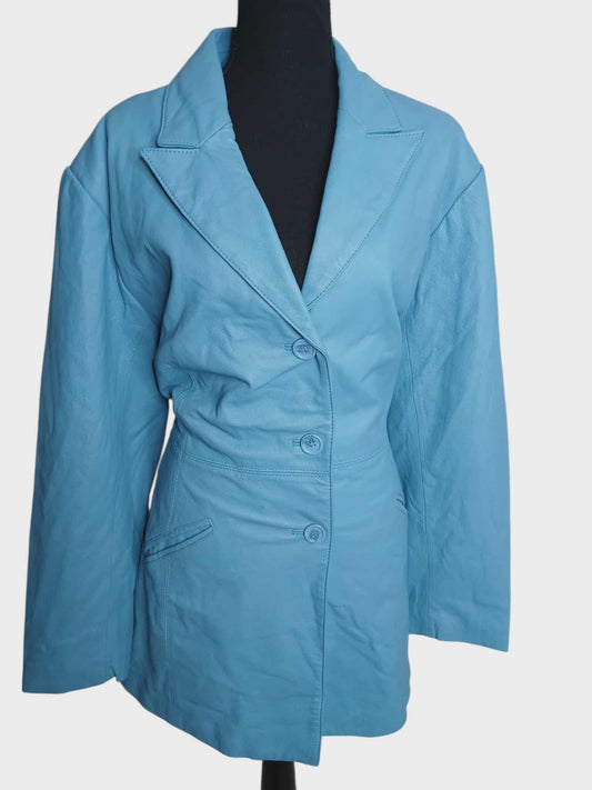 Newport News Stylework Sky Blue 100% Genuine Leather Jacket with Pockets 1X/2X