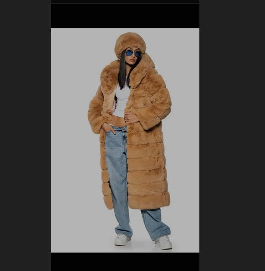 Azalea Wang Hooded Faux Fur Coat & Headband Carmel - XL