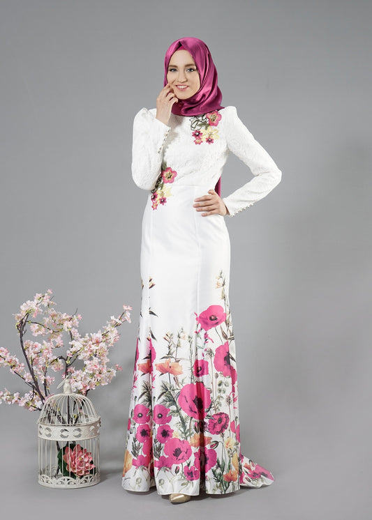Alvina Fuchsia Floral Pattern Evening Dress Turkish - Lg