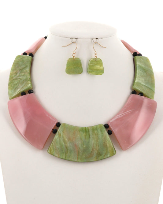 Pink & Green Acetate Statement Necklace & Earring Set