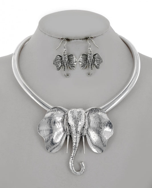 Silver Elephant Statement Necklace & Earrings Set