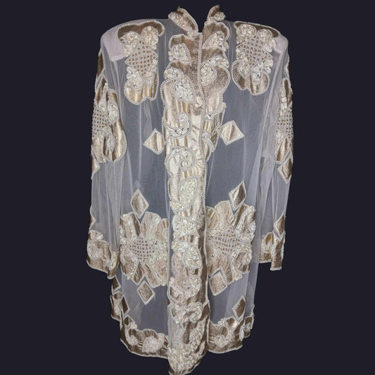 Vintage Tan Chho by Krishma Overseas Ivory Beaded Sheer Coat Sz 2X