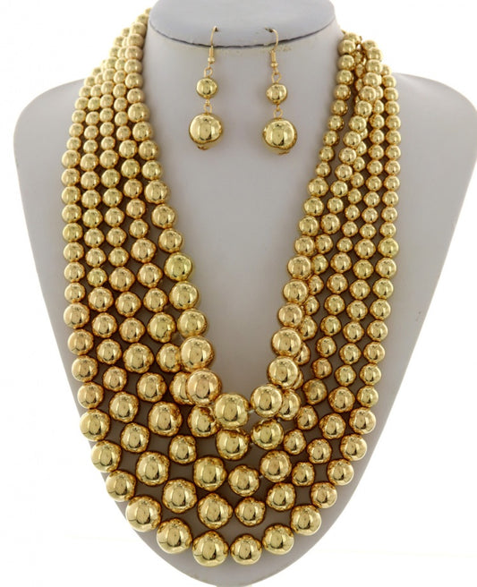 Gold Tone Multi Strand Synthetic Pearl Necklace Bracelet & Earring Set