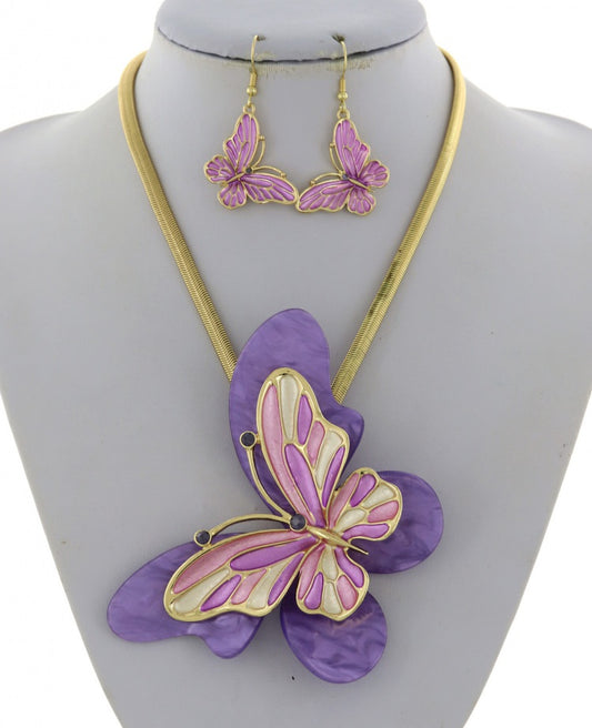 Purple & Gold Butterfly Statement Necklace & Earring Set