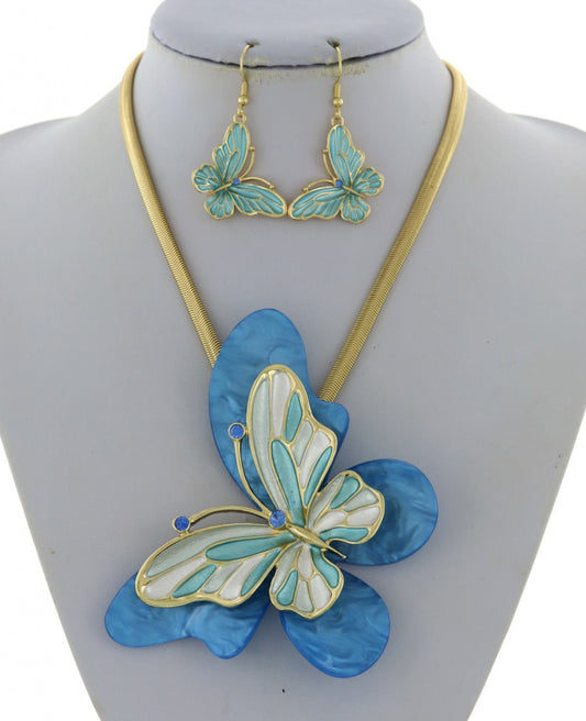 Blue Butterfly Statement Necklace & Earring Set