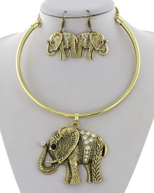 Gold Tone Elephant Pendant Statement Necklace & Earrings