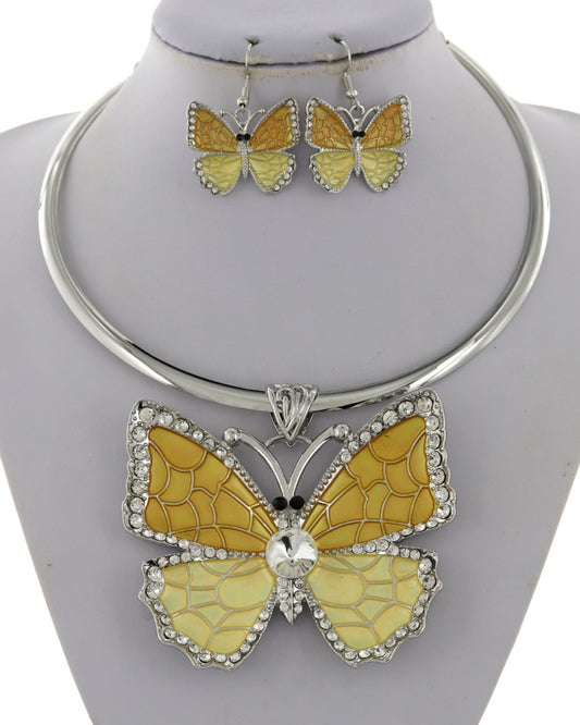 Yellow Butterfly Pendant Statement Necklace, Bracelet & Earrings Set