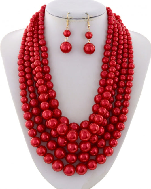 Red Multi Strand Synthetic Pearl Necklace, Bracelet & Earring Set