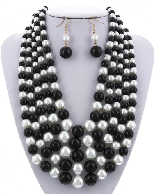 Black & White Multi Strand Synthetic Pearl Necklace Earring and Bracelet