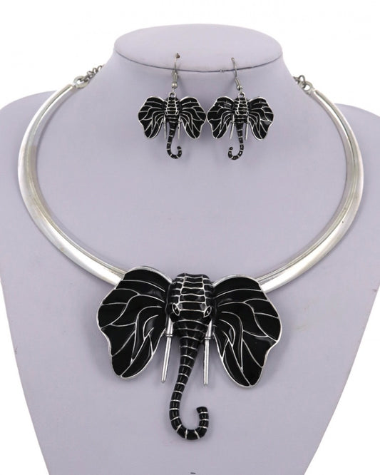 Black & Silver Tone Elephant Pendant Statement Necklace & Earring Set