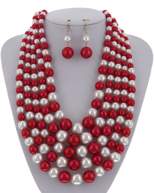 Red & White Multi Strand Pearl Necklace, Earring, & Bracelet Set - Synthetic