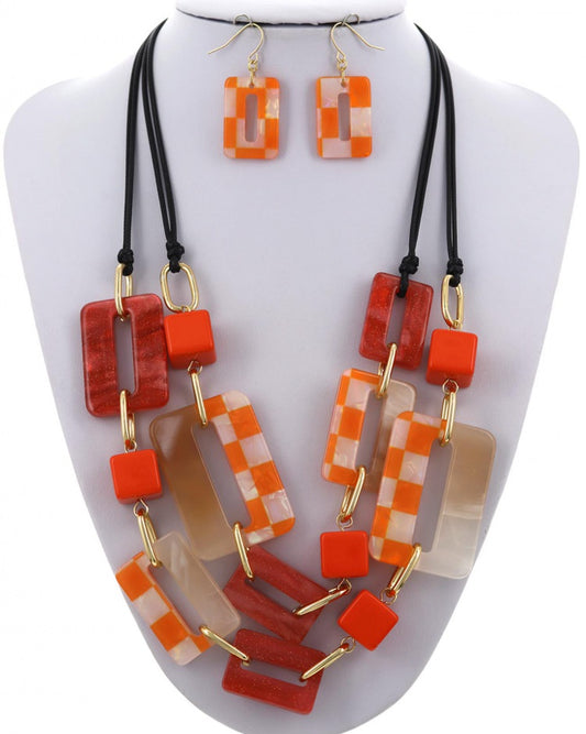 Coral Red & Gold Rectangle Statement Necklace & Earring Set 20.00