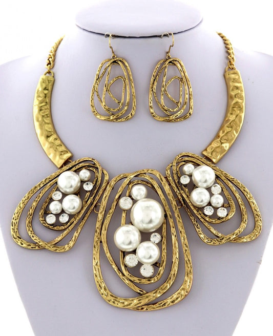 Gold Tone Hammered Statement Necklace & Earring Set